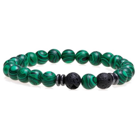 MoonFlowerBtq Other - Green Malachite-Style Beaded Bracelet with Lava Stones – Aromatherapy Bracelet